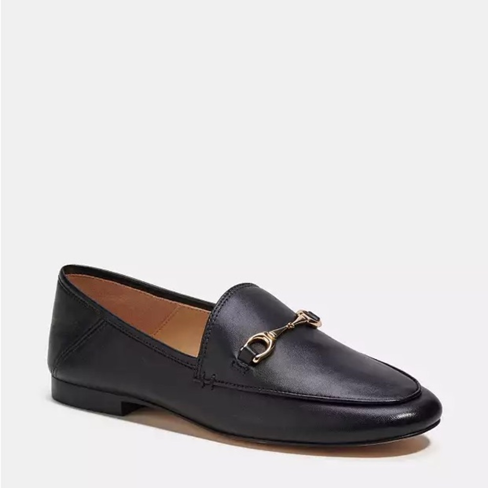 Authentic Coach Black Leather Loafers with Gold Accent